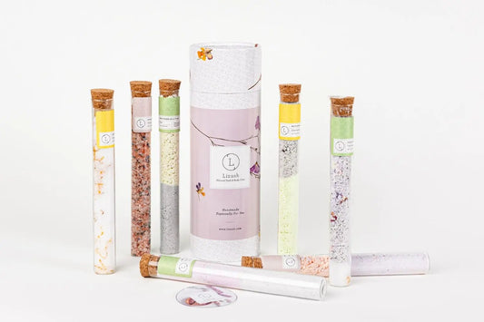 Natural Bath Salts and Bath Bombs Gift set in 7 Glass Tubes, Luxurious Bath Experience